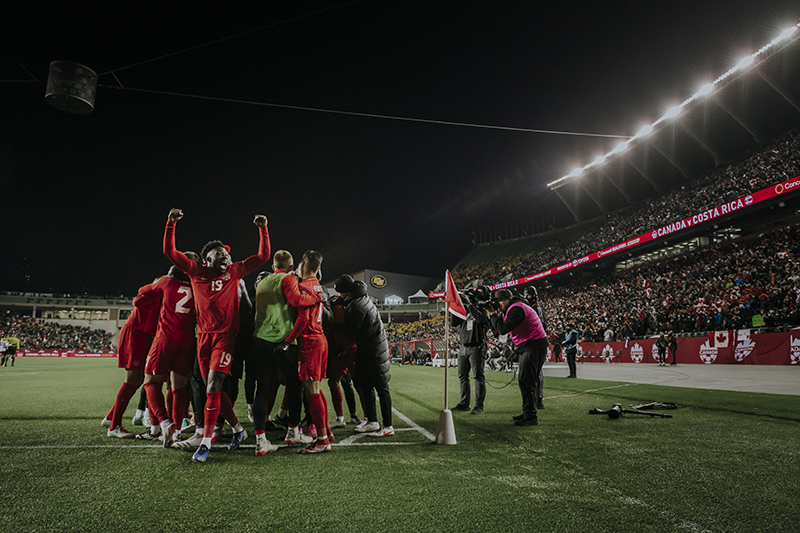 The Canadian national football team celebrating at the Edmonton’s Commonwealth Stadium after a match with Costa Rica.